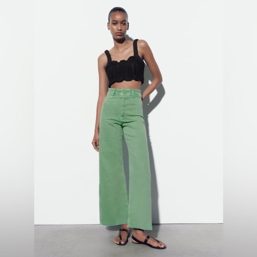 ZARA HIGH-WAISTED ZW SAILOR STRAIGHT JEANS - GREEN - SZ 4 - Picture 1 of 4